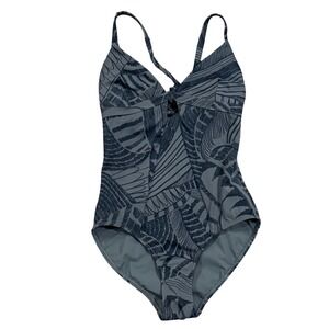 Athleta Women Grey Black Abstract Leaf Print One Piece Swimsuit XXS Keyhole Back